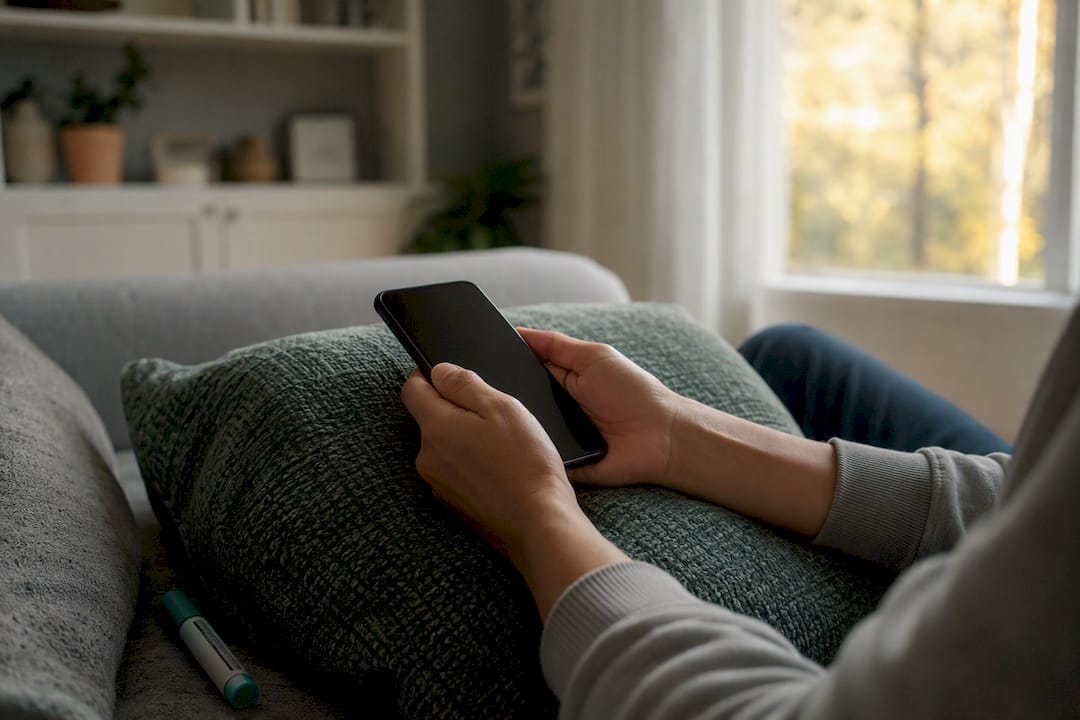 Hands holding smartphone and prescription bottles