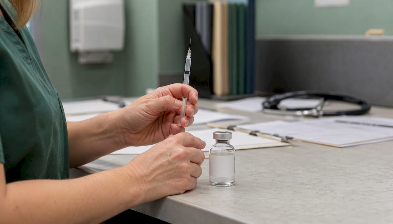 Medication vial and syringe on nurse station