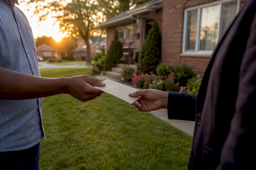 Hands exchanging cash offer envelope near home