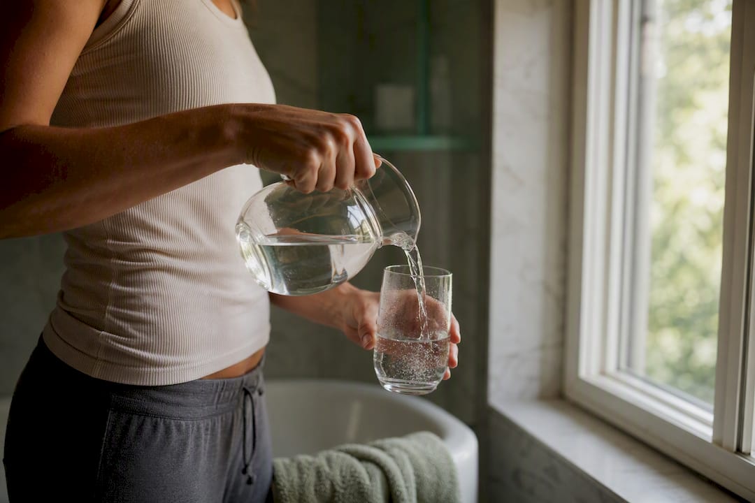 Hands pouring water for constipation hydration