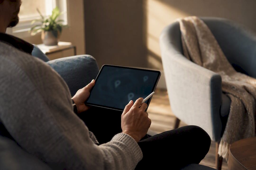 Hands inputting location data on tablet
