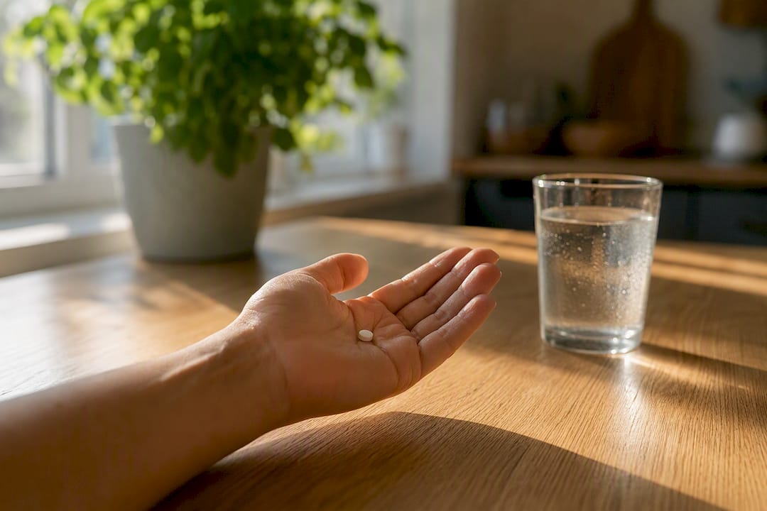 Hand picking up oral semaglutide pill and water glass
