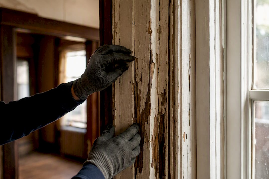 Inspector hands checking deteriorated window frame