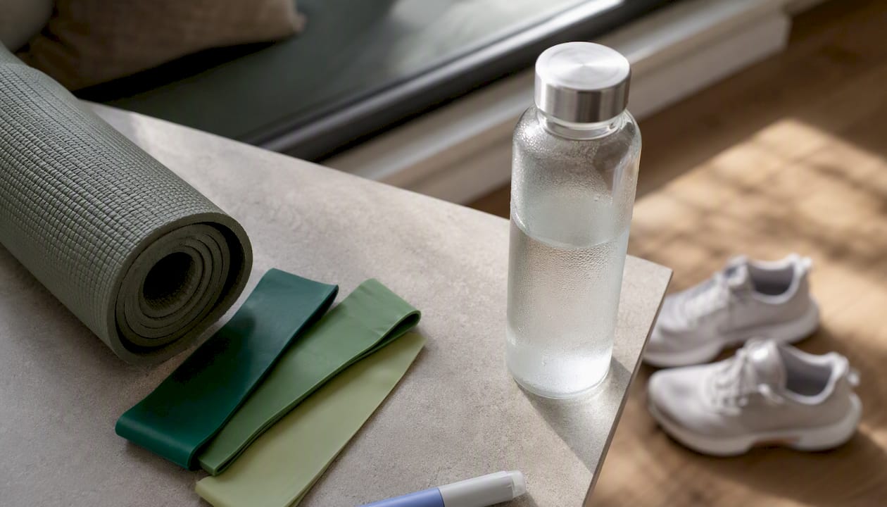 Close-up of GLP-1 pen edge with dumbbells and measuring tape