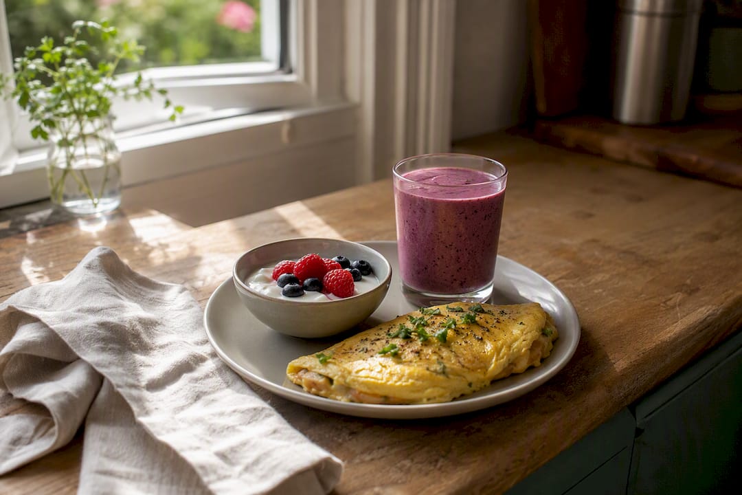 Close-up of breakfast plate with eggs and Greek yogurt