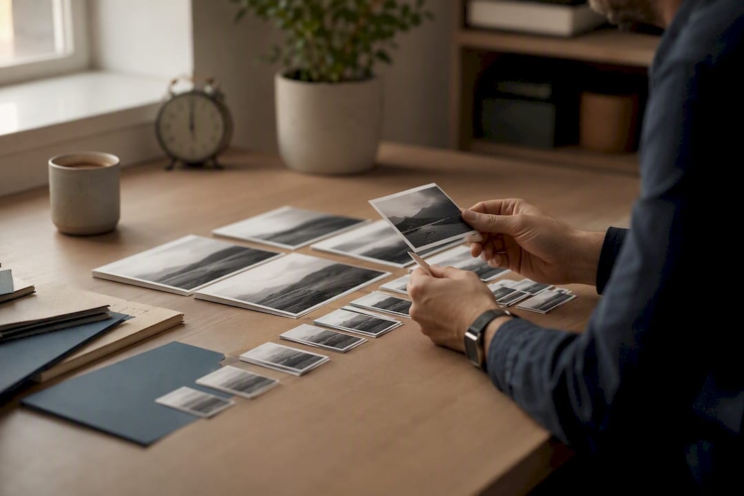 Hands organizing photographic prints on table