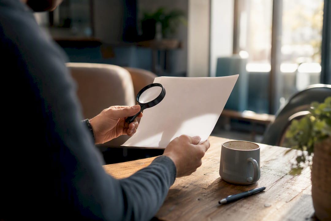 Hands inspecting tablet with magnifying glass