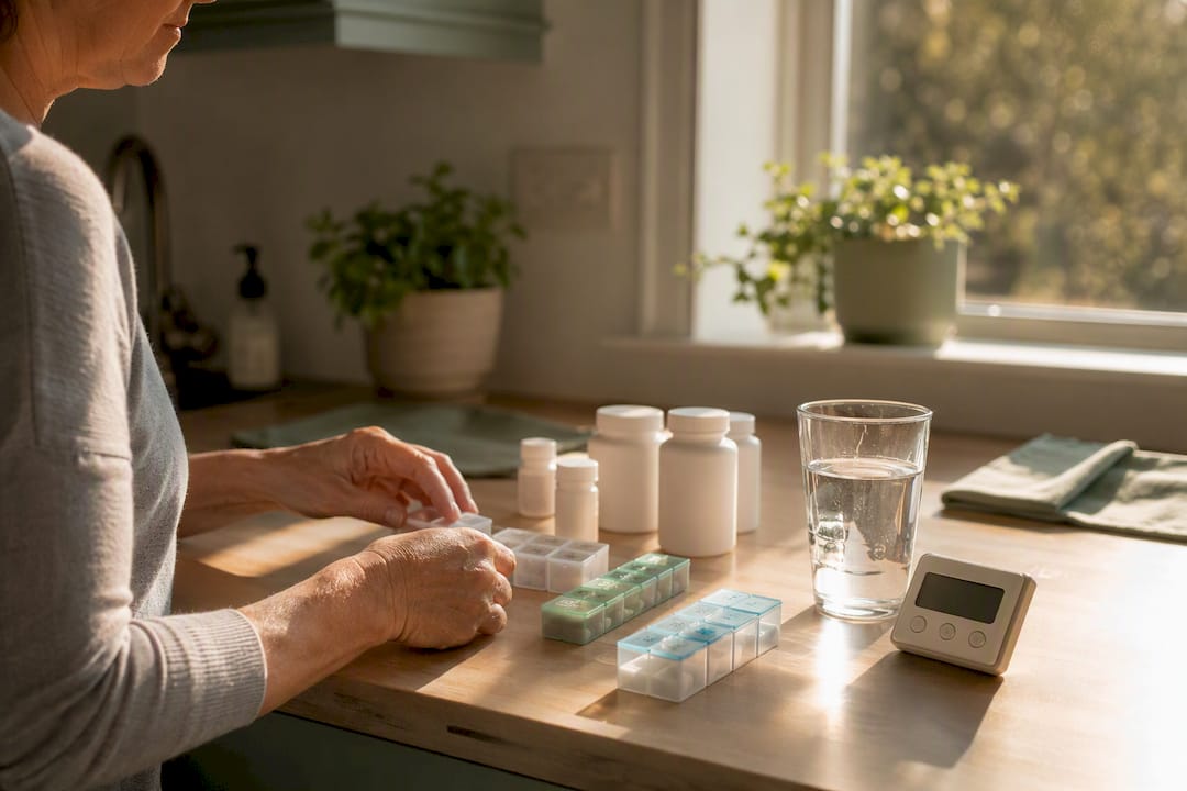 Hands organizing multiple medications