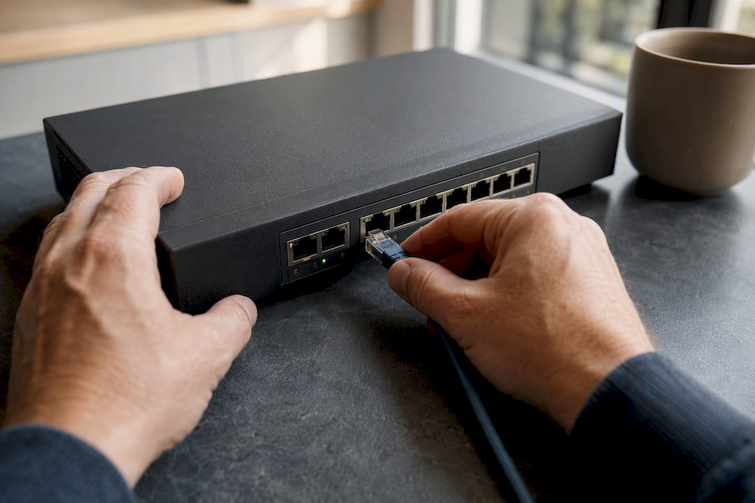 Hands connecting Ethernet cable to security device