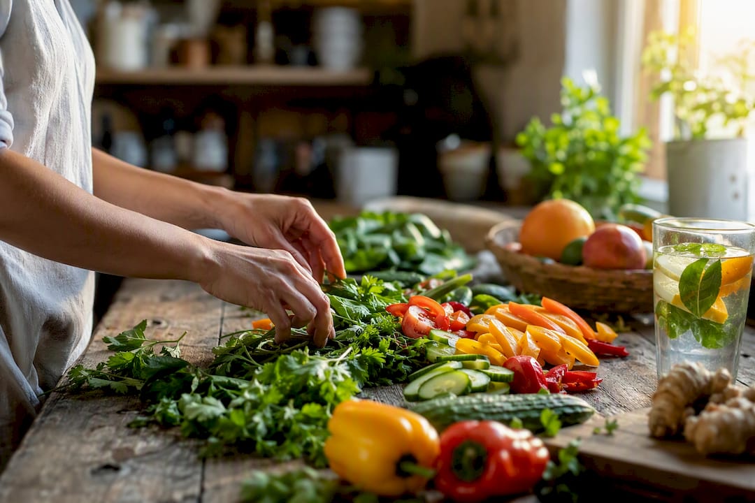 Hands chopping vegetables on cutting board