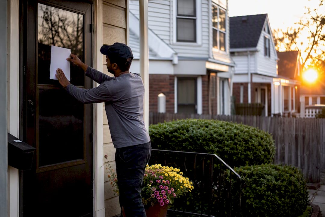 Hands taping sale flyer on Detroit house window