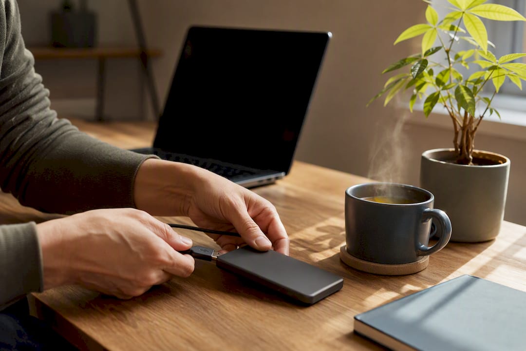 Hands adjusting external SSD device