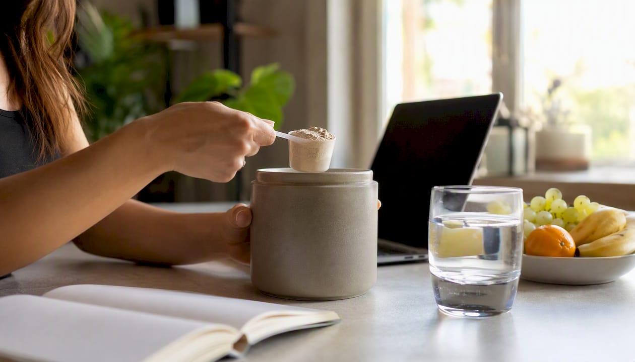Hand scooping protein powder in kitchen