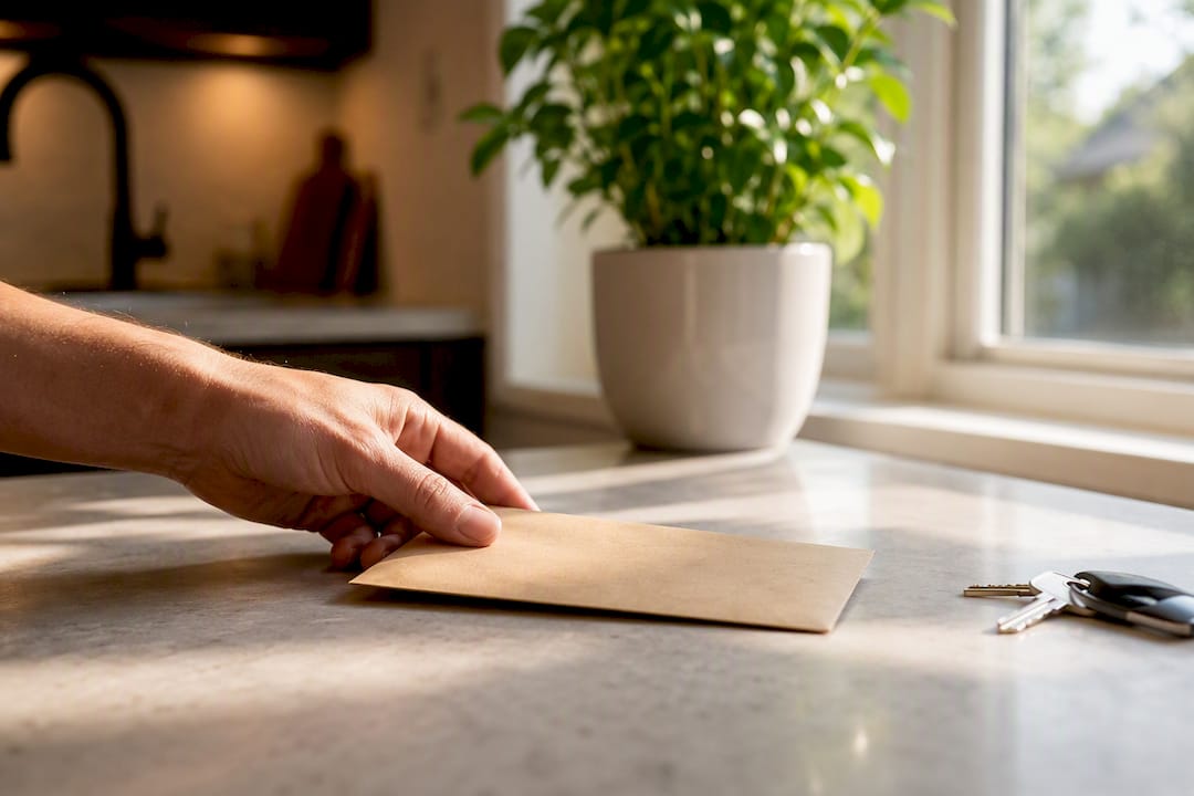 Hand placing cash offer envelope on table