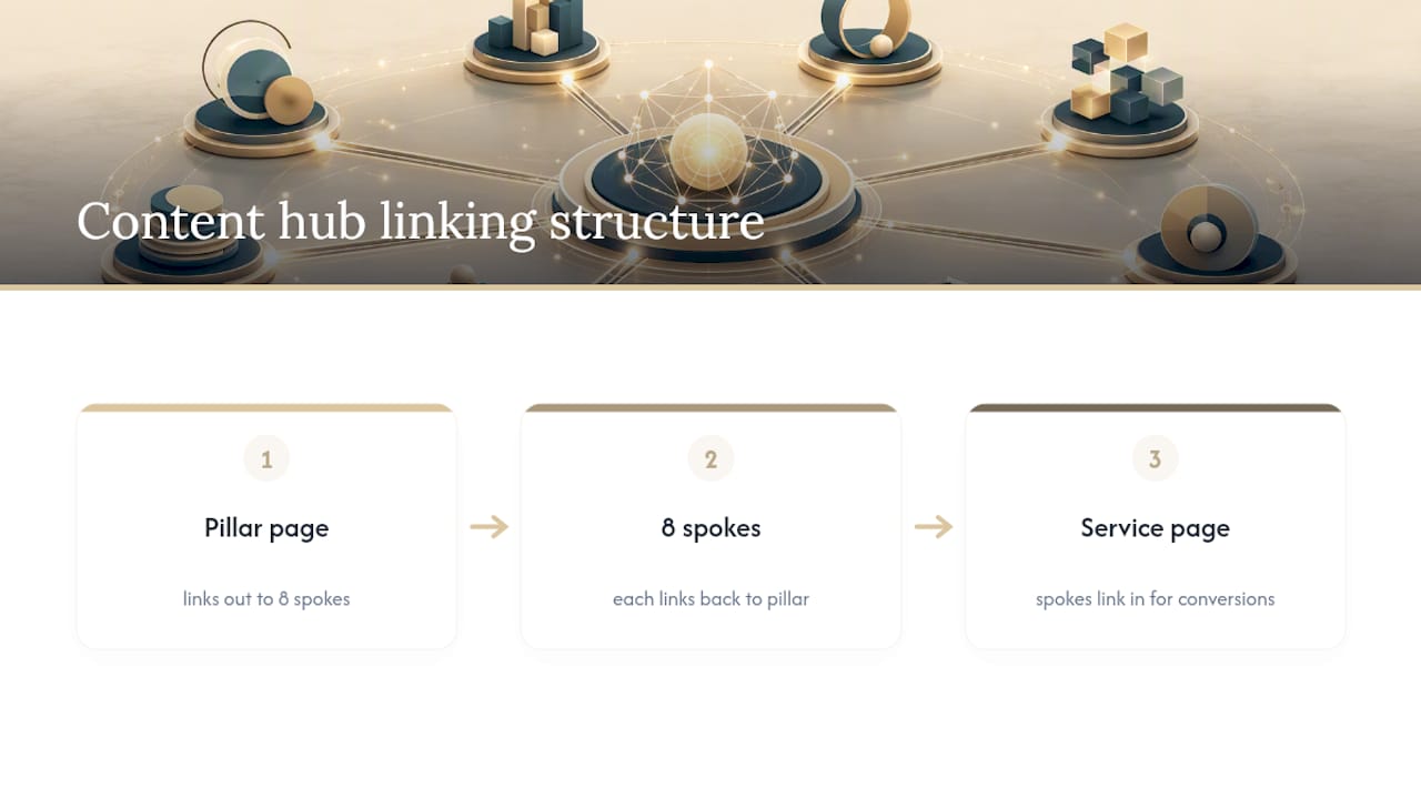 Pillar page linked with eight content spokes