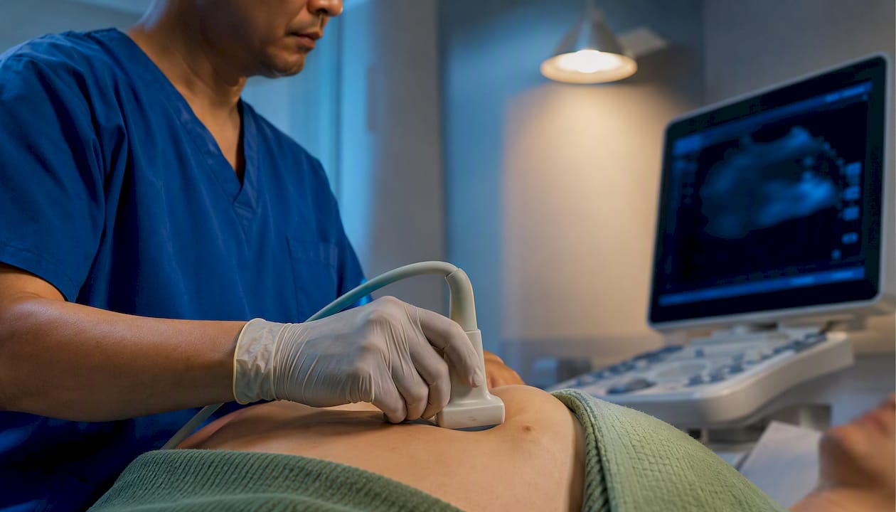 Clinician performing gastric ultrasound before anesthesia