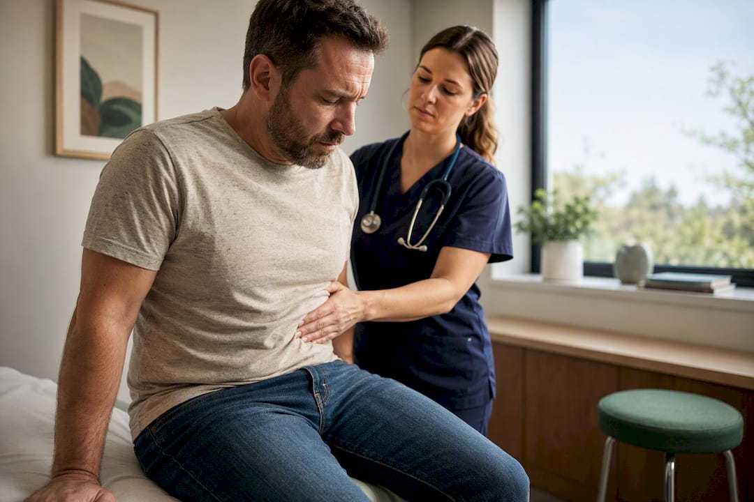 Clinician assessing patient abdominal pain