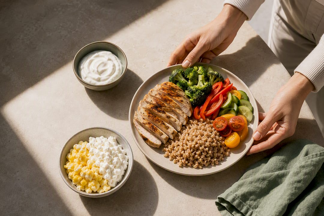 Protein-first meal with balanced plate components