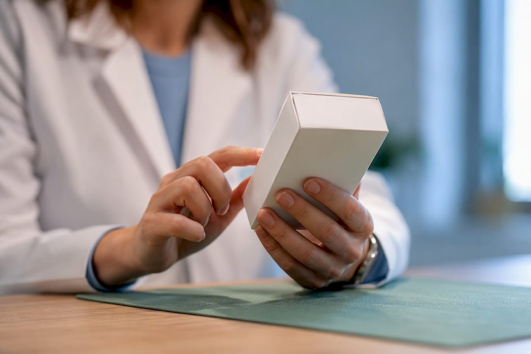 Pharmacist checking a medication carton