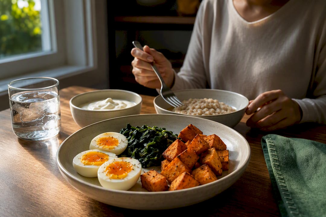 Protein-rich meal with cooked vegetables