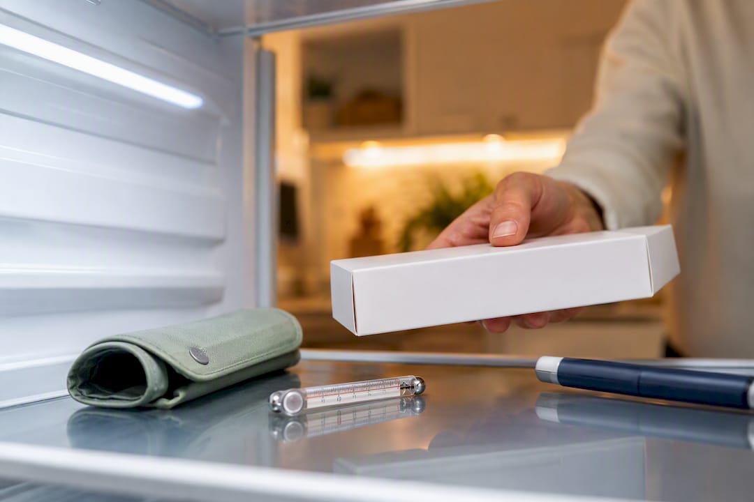 Anonymous medication carton on refrigerator shelf