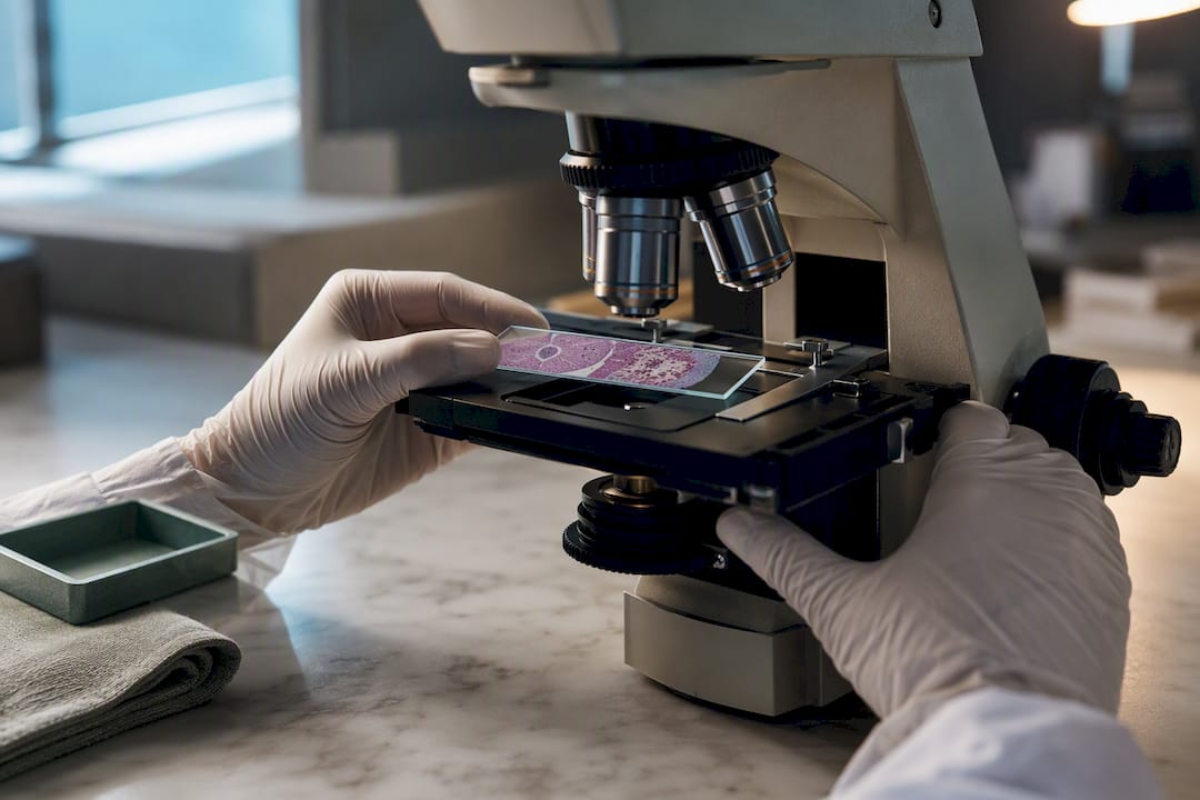 Researcher examining cells under microscope