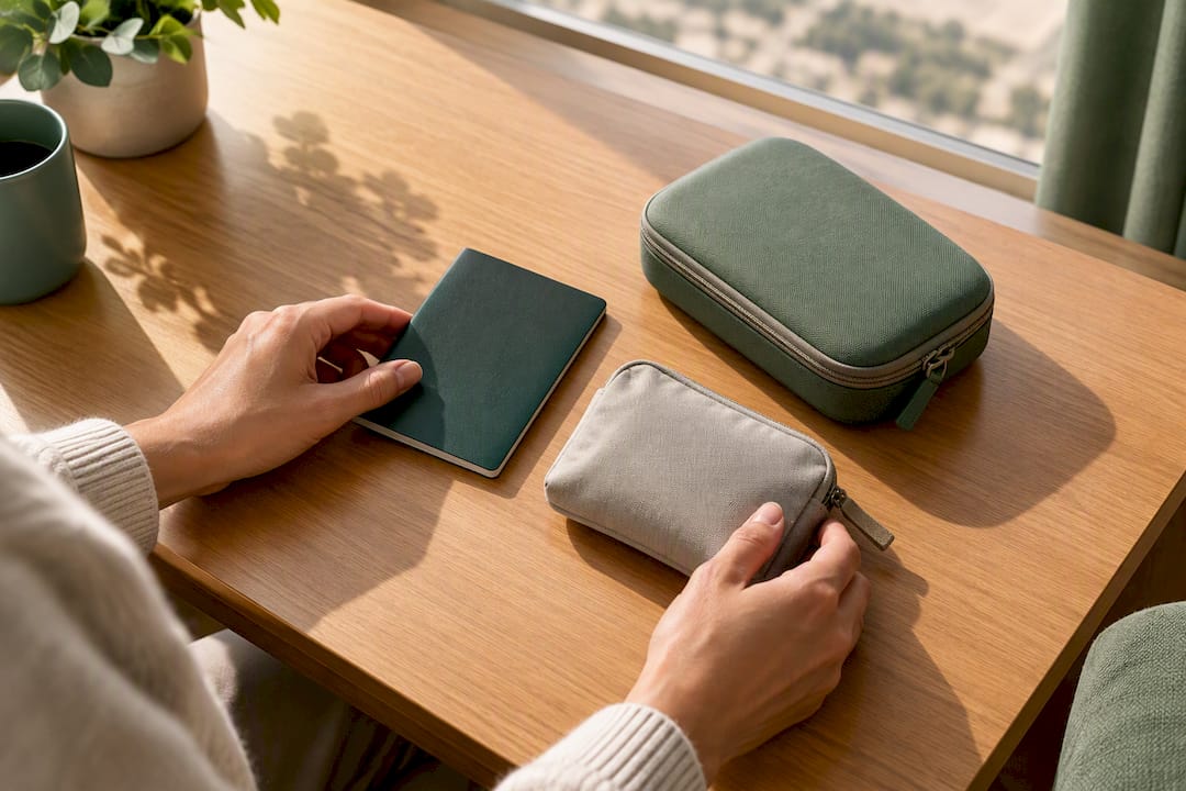 Passport and medication pouch prepared for travel