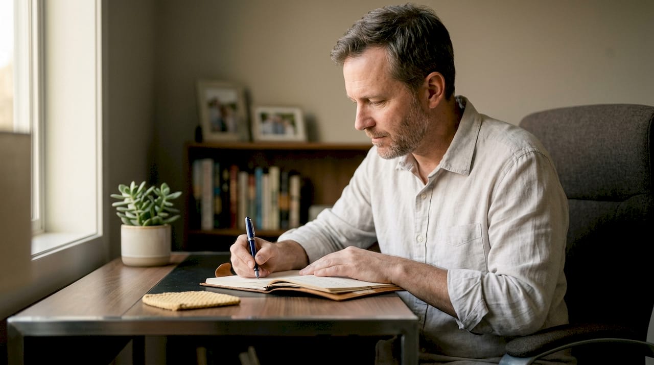 Man journaling emotions in sunlit kitchen