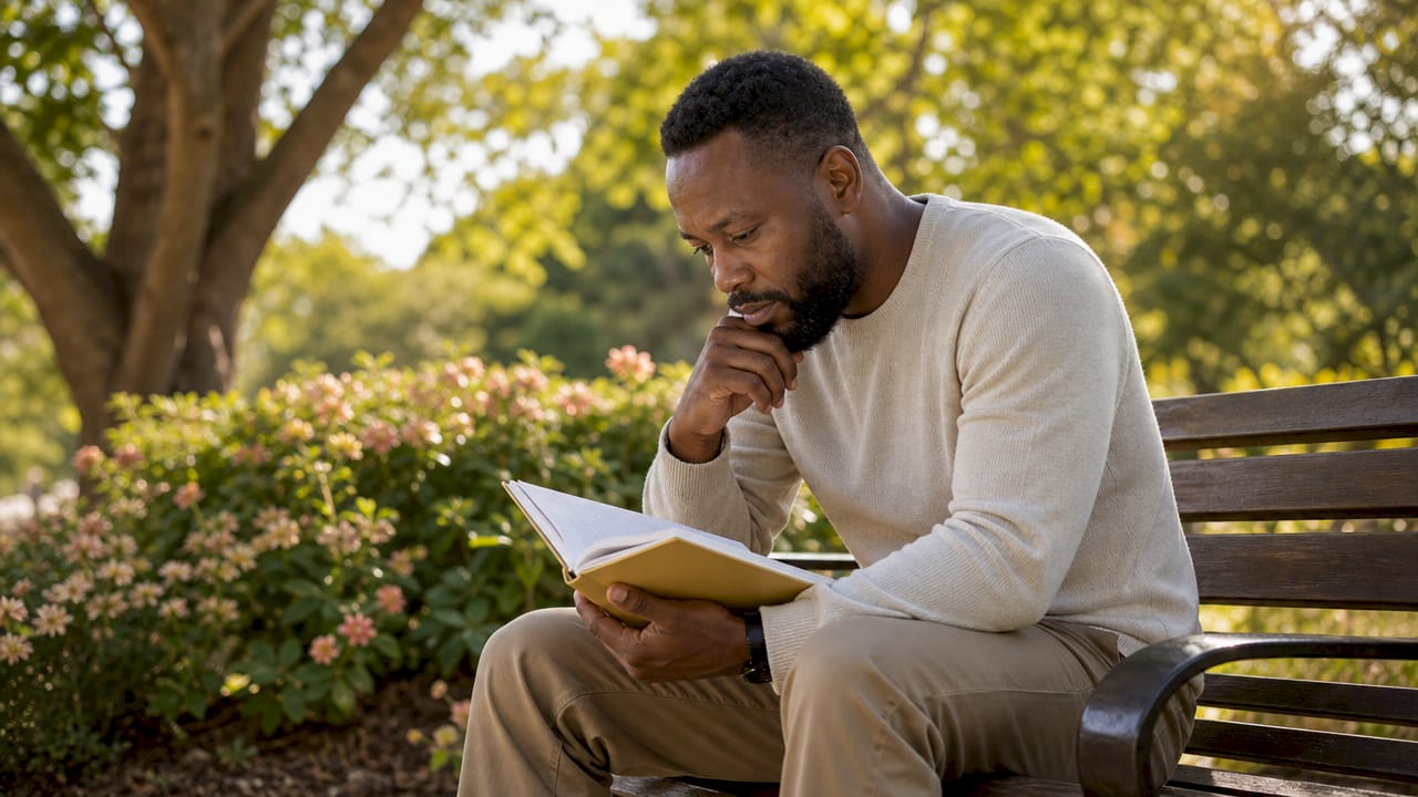 Man reflecting on work stress in office break room