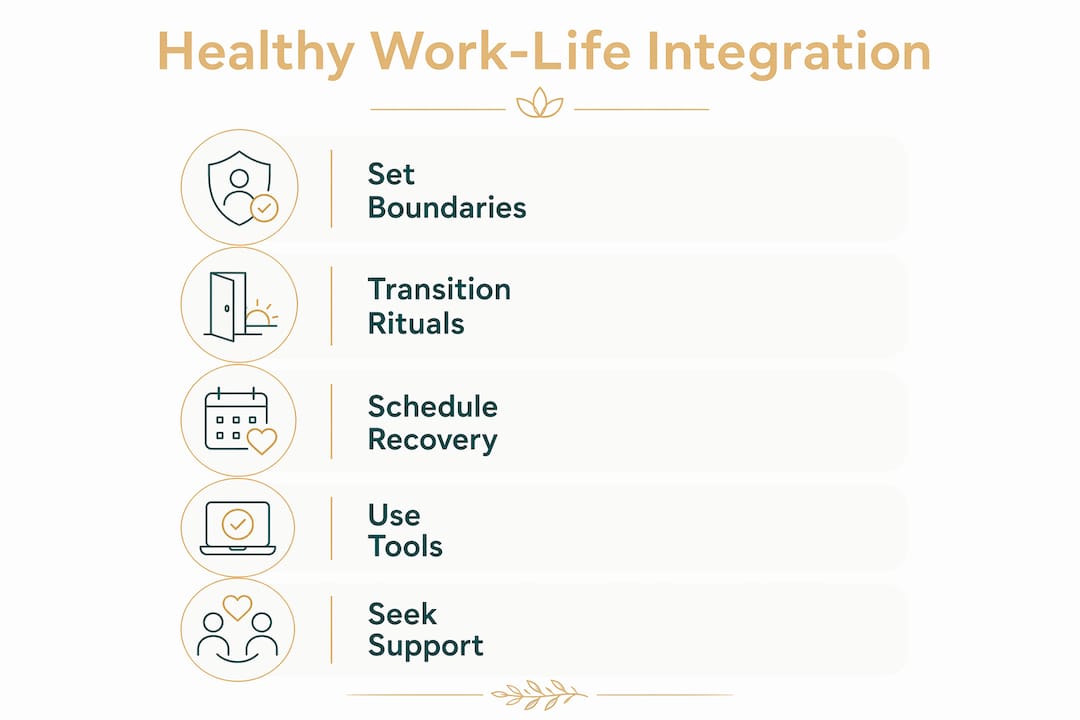 Infographic illustrating healthy work-life integration steps