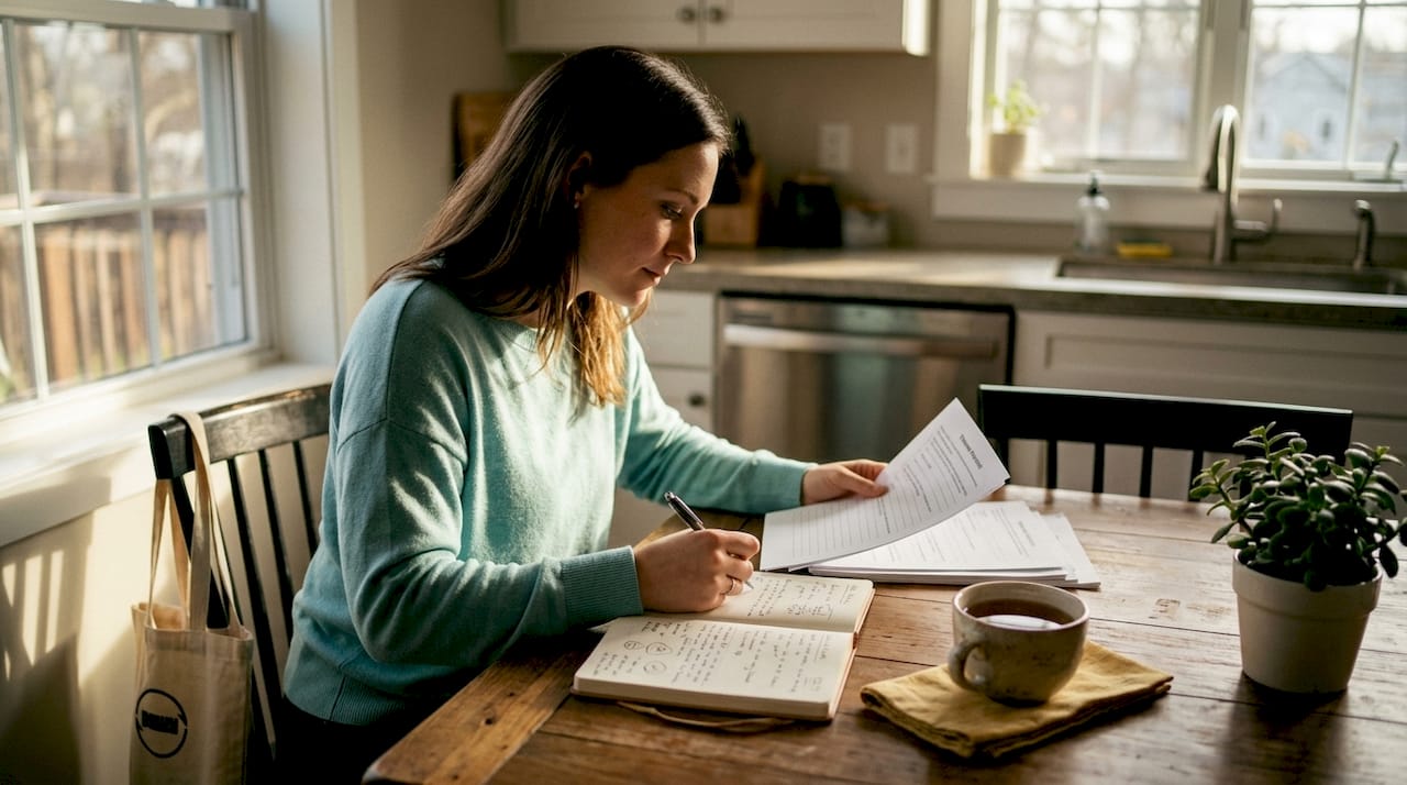 Overhead view of woman writing CBT notes in café