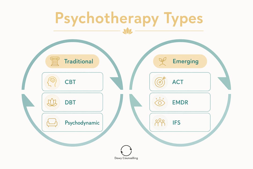 Infographic comparing traditional and emerging psychotherapy types