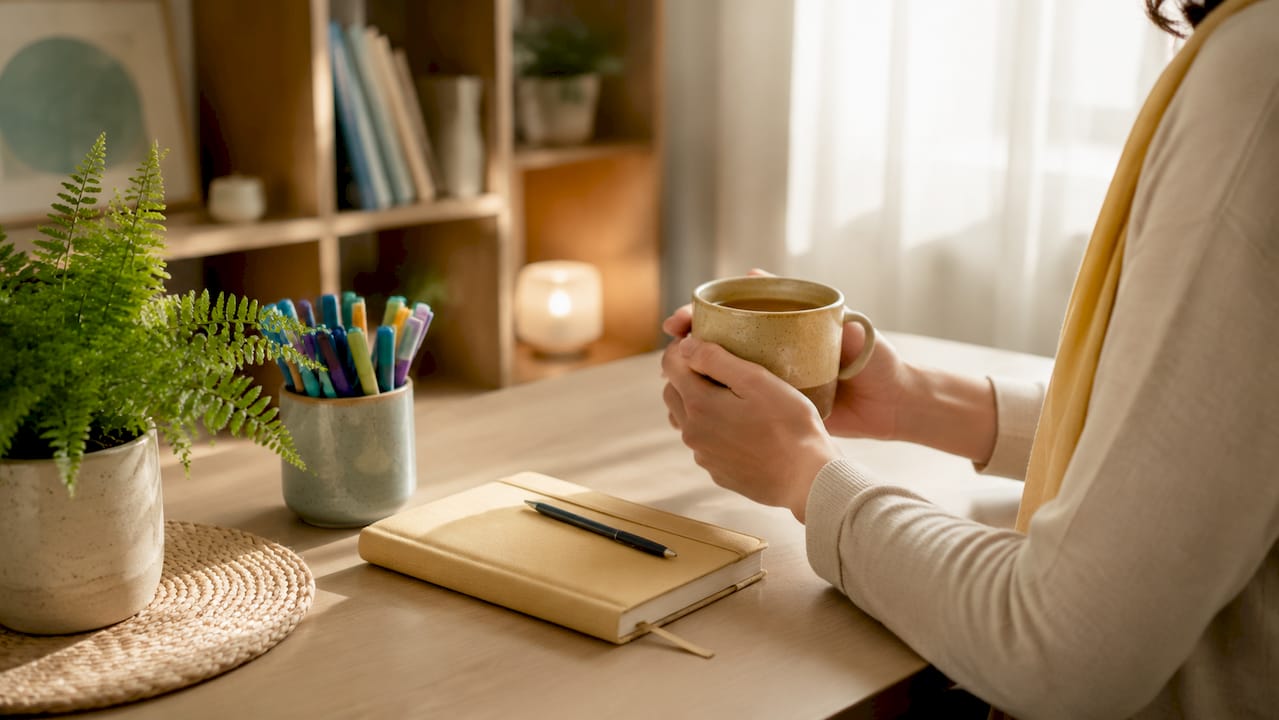 Therapist's desk with tea and journal