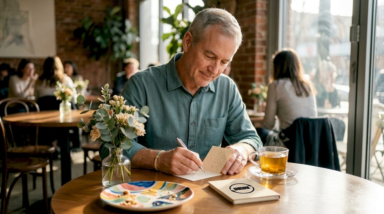 Man writing supportive note at kitchen table