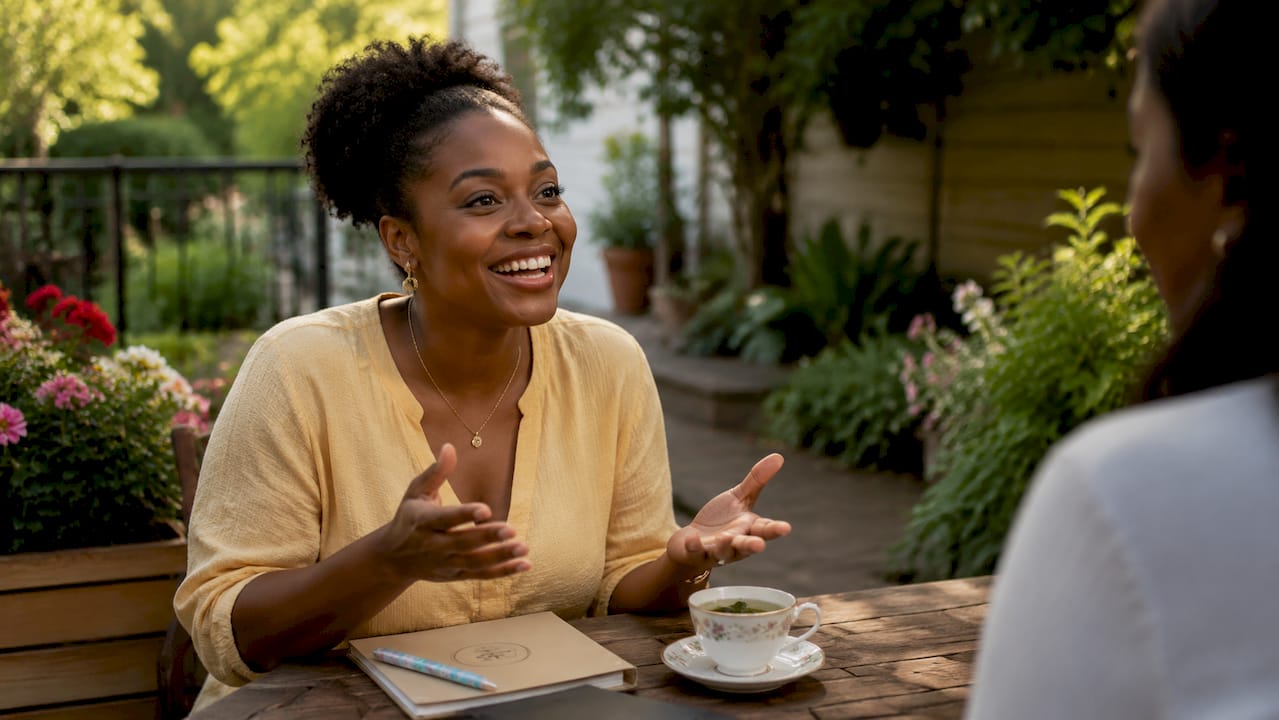 Woman discussing stress management in café