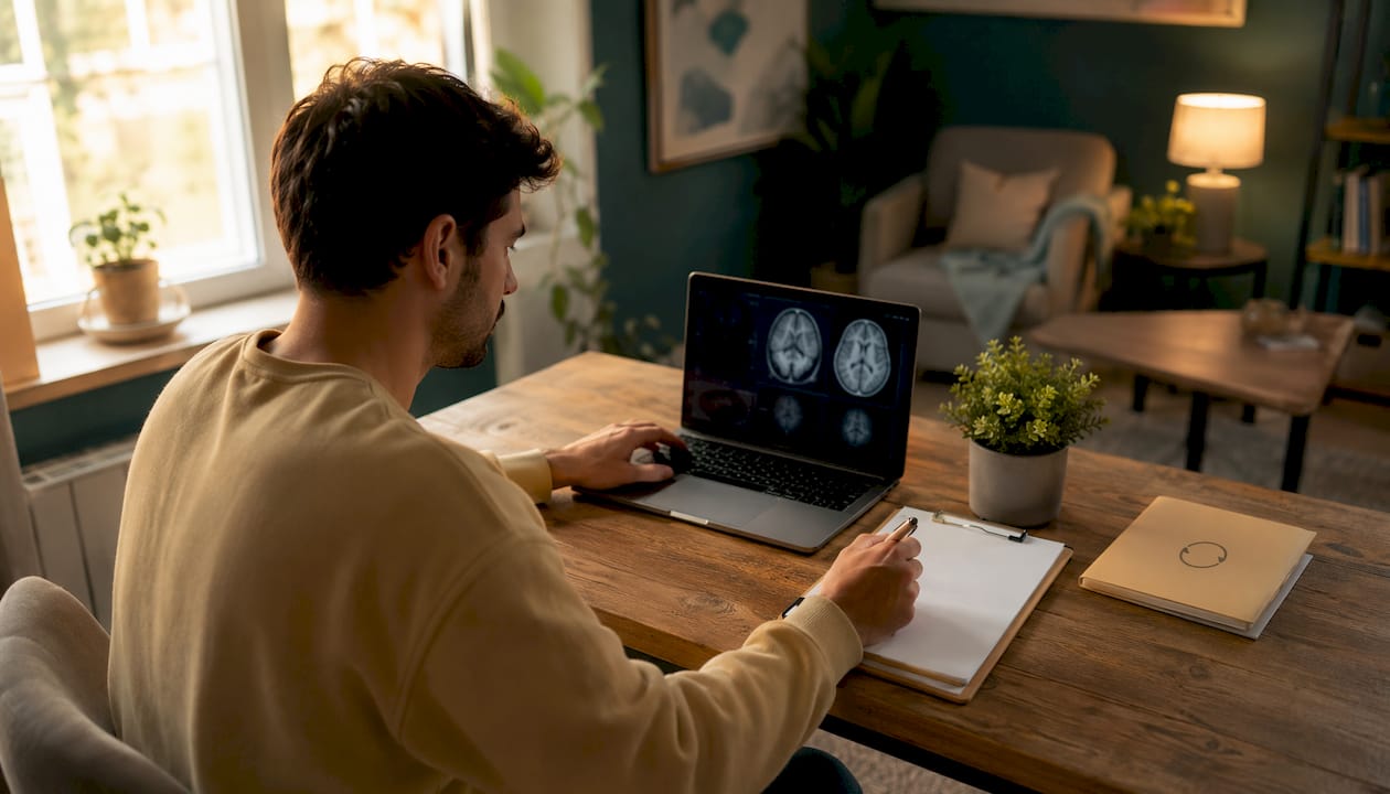 Researcher monitoring brain scans in imaging room