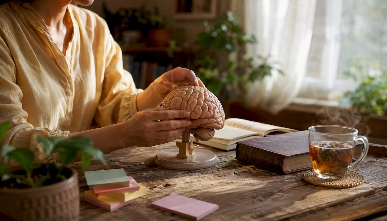 Hands adjusting brain model in neuroscience lab