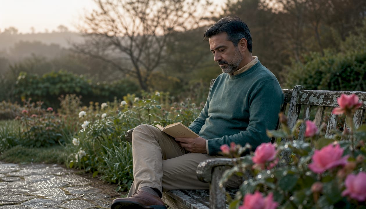 Man reflecting alone on park bench