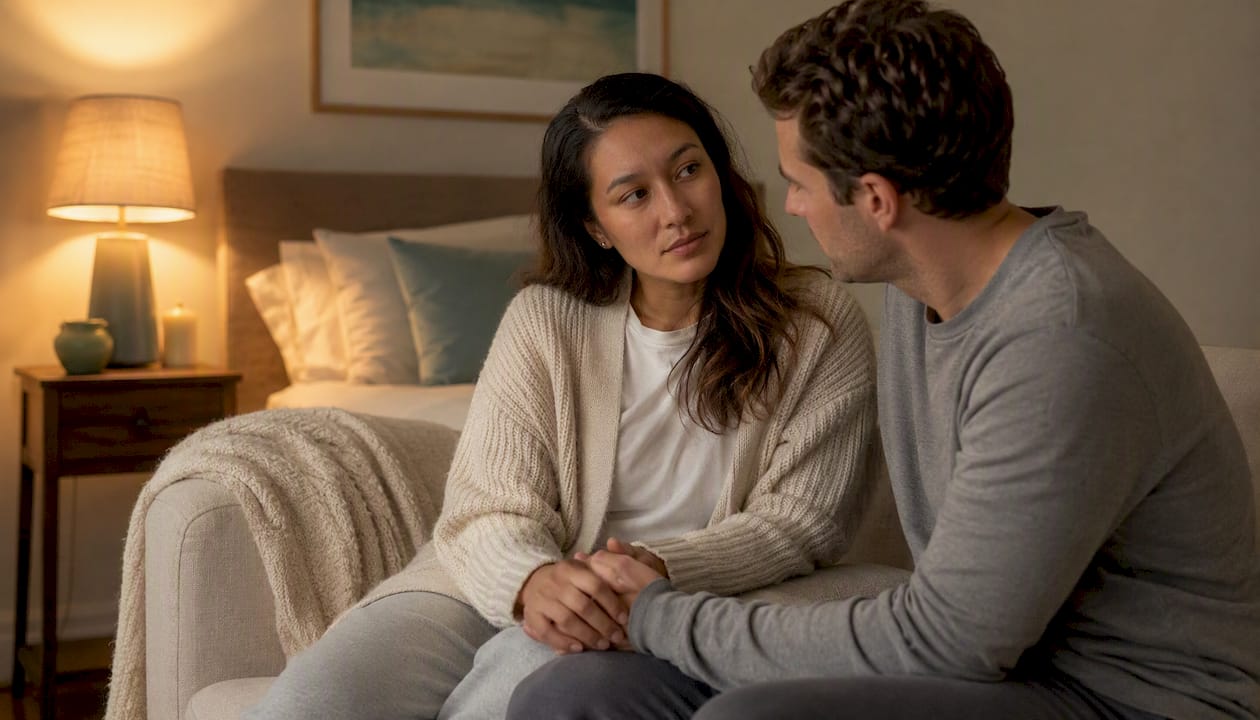 Couple practicing attentive listening at home