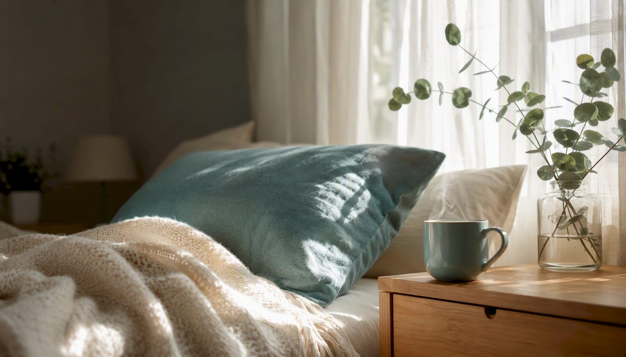 Steaming tea cup on bedside table