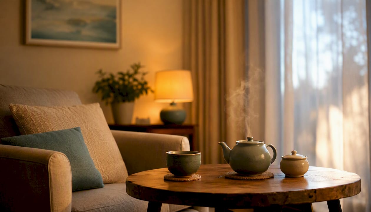 Warm therapy corner with steaming tea set