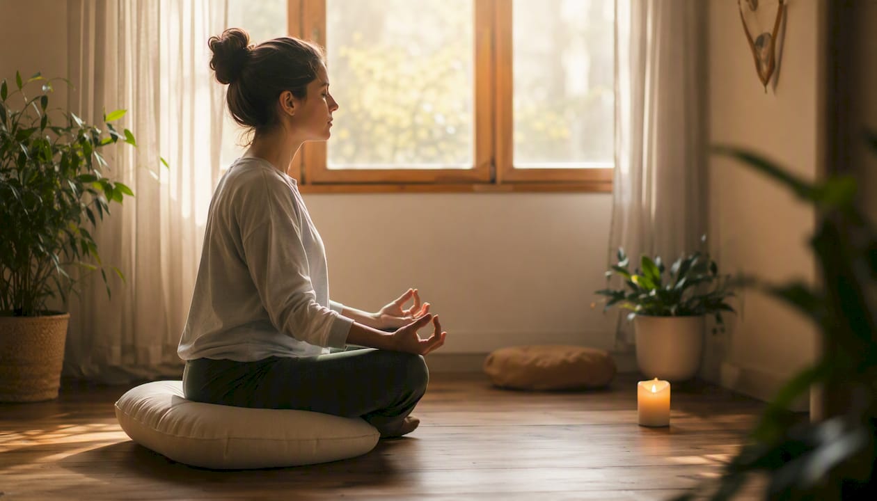 Person meditating with focused breath