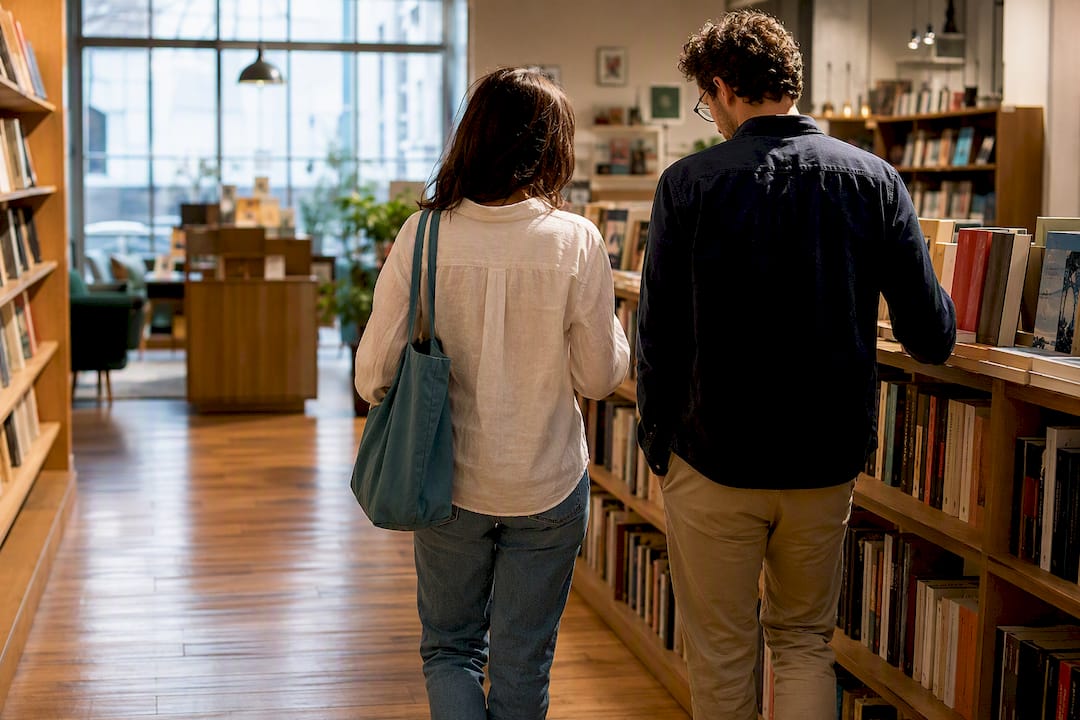 Couple browsing a bookstore side by side