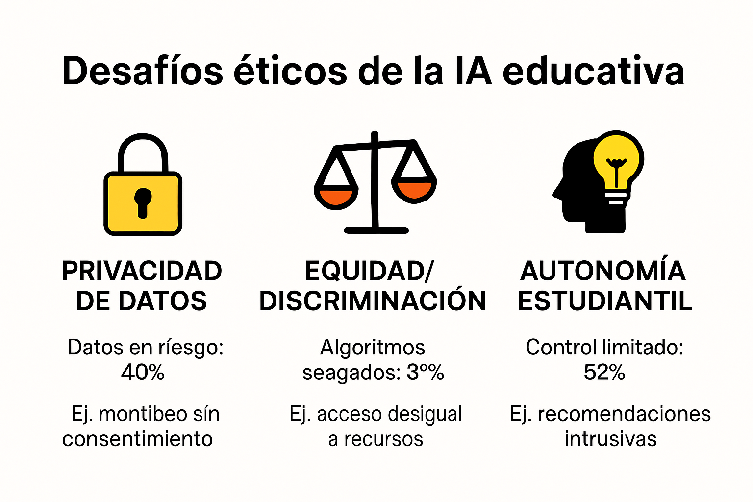 Infografía desafíos éticos IA educativa: privacidad, equidad, autonomía