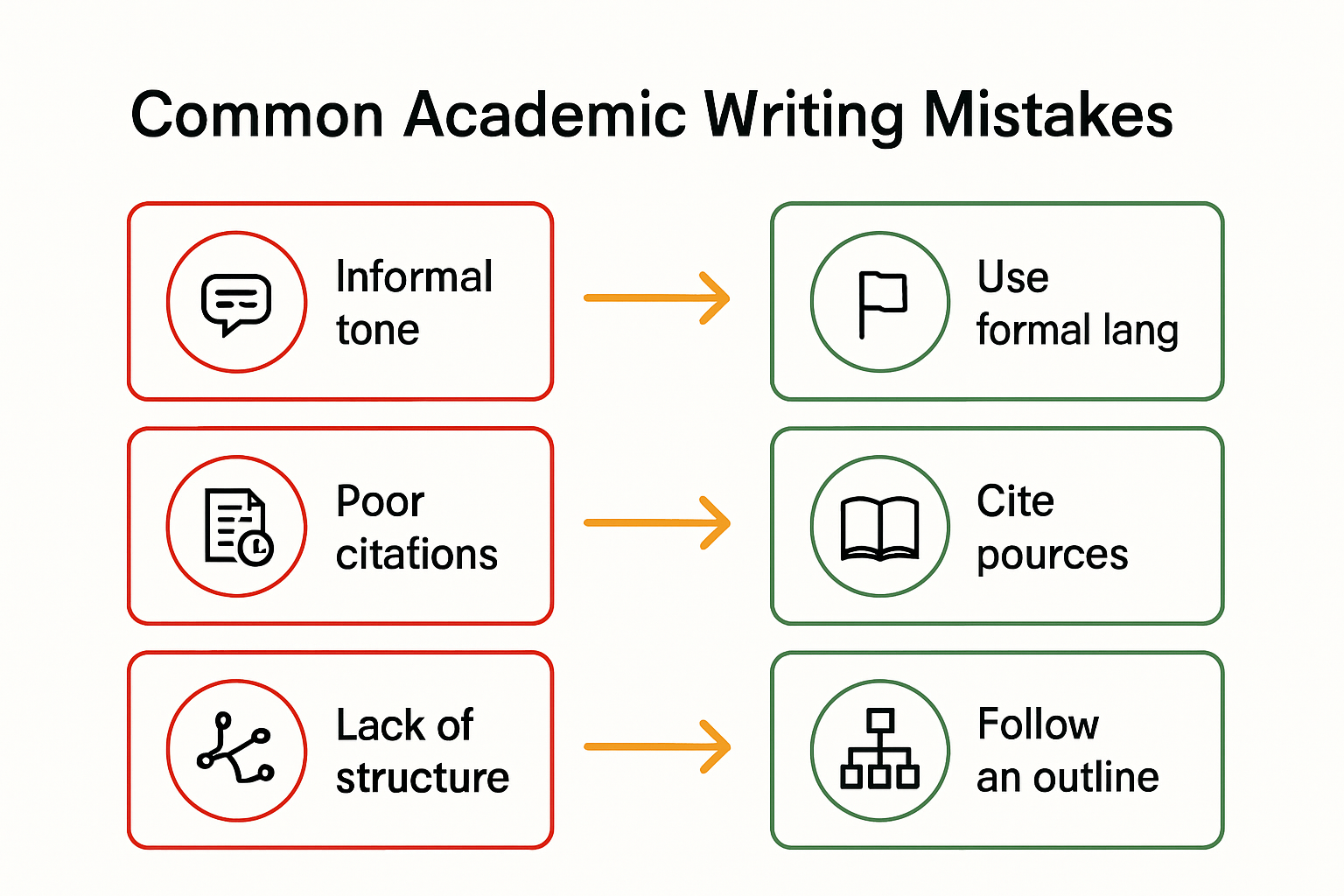 Infographic showing common academic writing mistakes and solutions