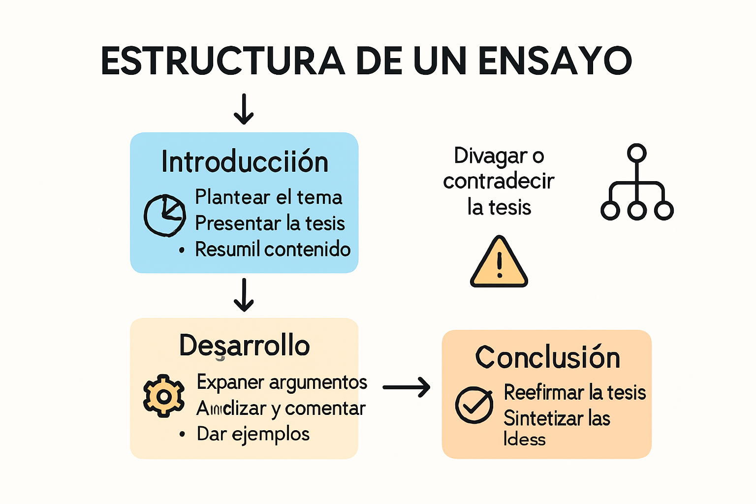 Infografía que explica la estructura de un ensayo académico con ejemplos claros.