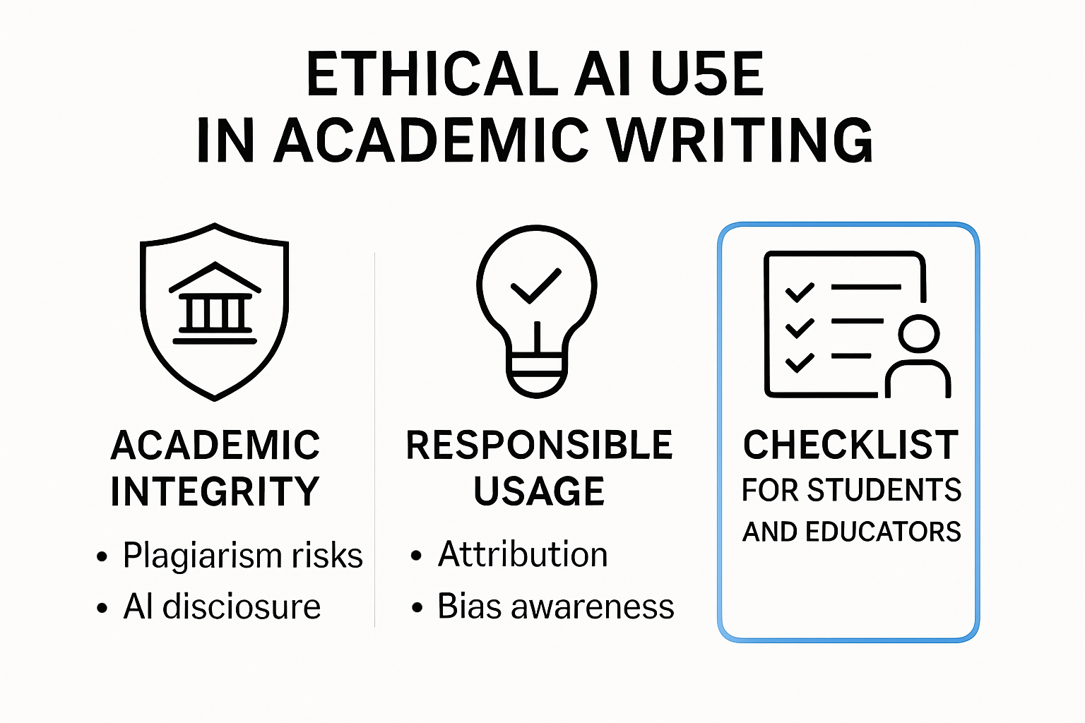 Infographic summarizing ethical AI use in academic writing