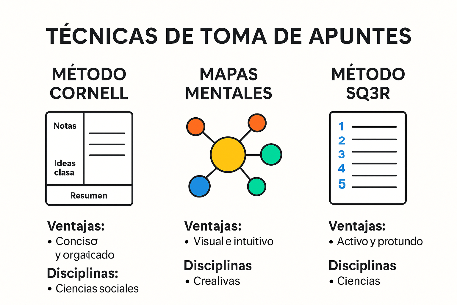 Infografía comparación técnicas apuntes Cornell, Mapas, SQ3R