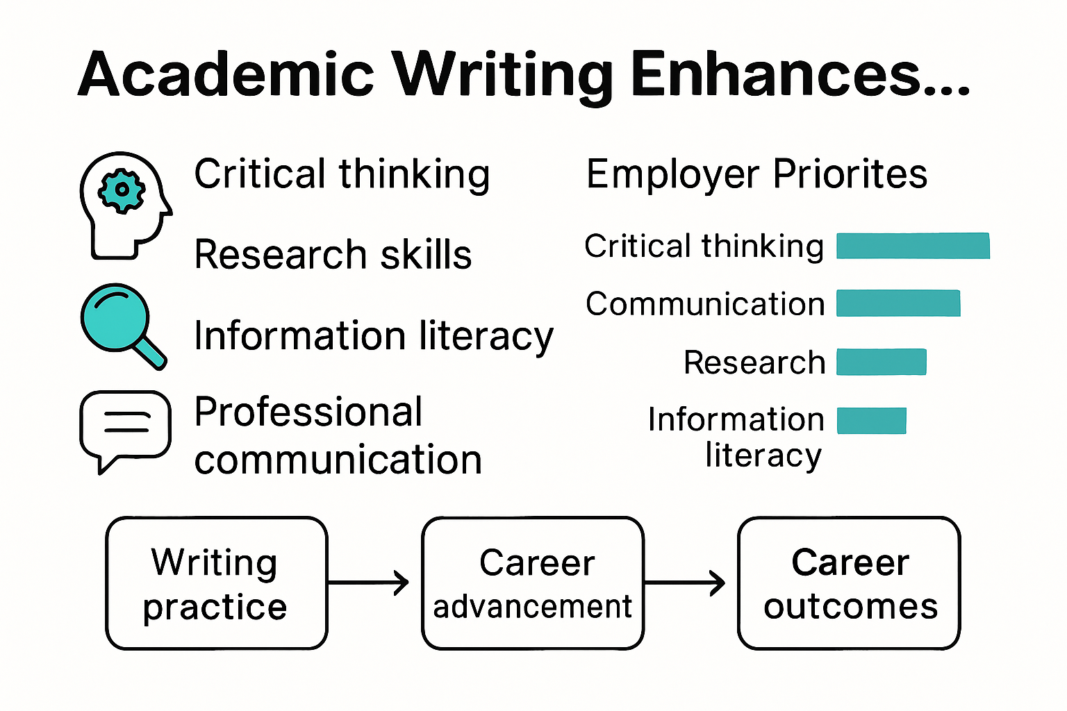 Infographic showing links between academic writing, critical thinking, and career advancement
