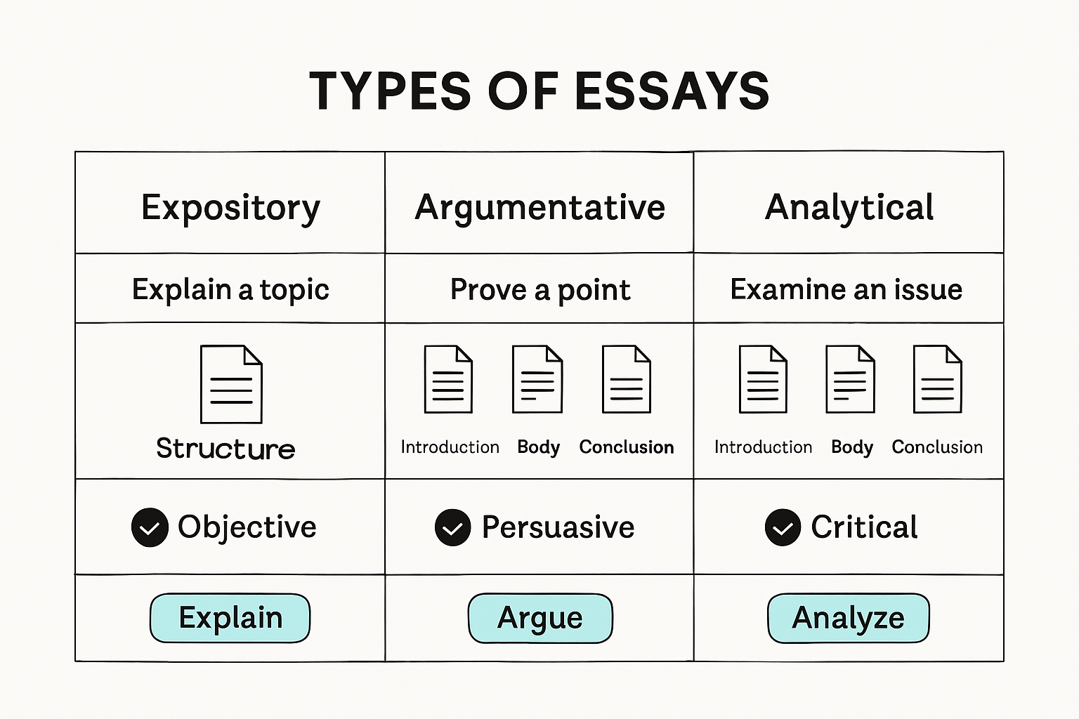 Infographic comparing academic essay types by structure and purpose